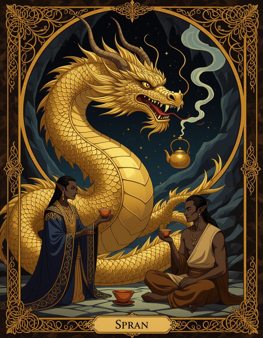 Majestic Golden Dragon in Mystical Dark Fantasy Art Nouveau ...