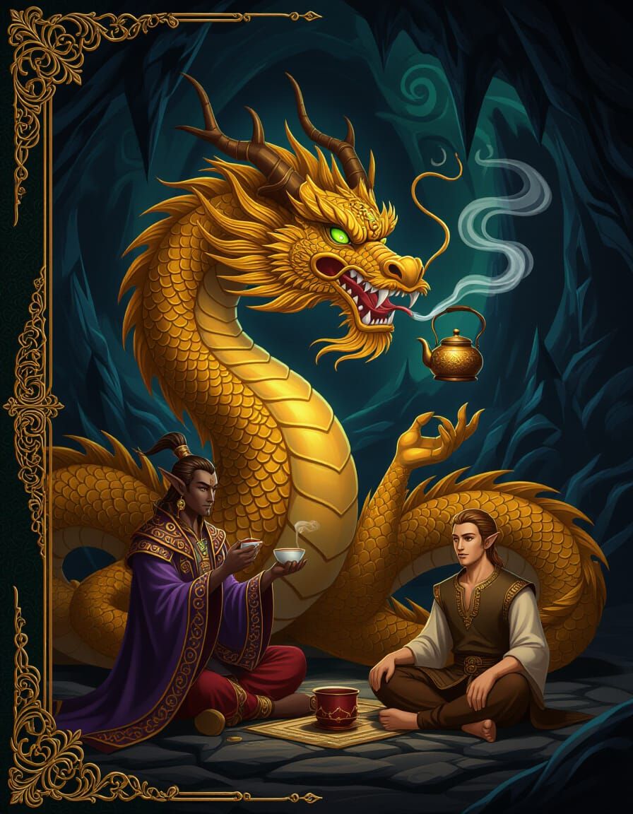 Golden Dragon and Mystical Tea Ceremony in Epic Fantasy
