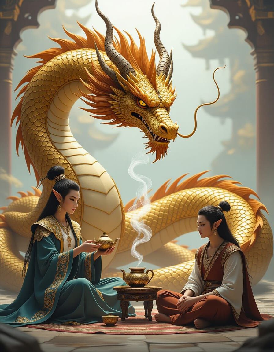 Golden Dragon and Figures in Mystical Cavern Fantasy Art