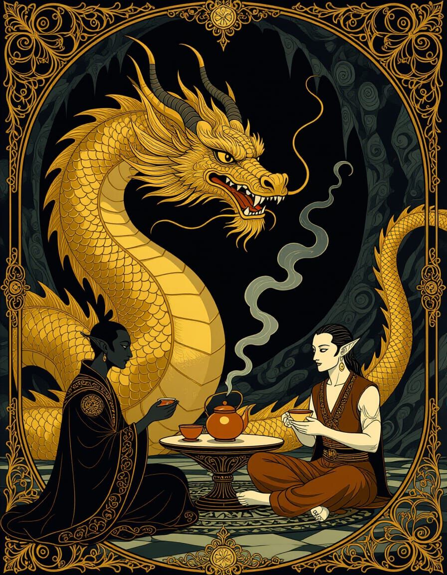 Golden Dragon and Figures in Mystical Cavern Art