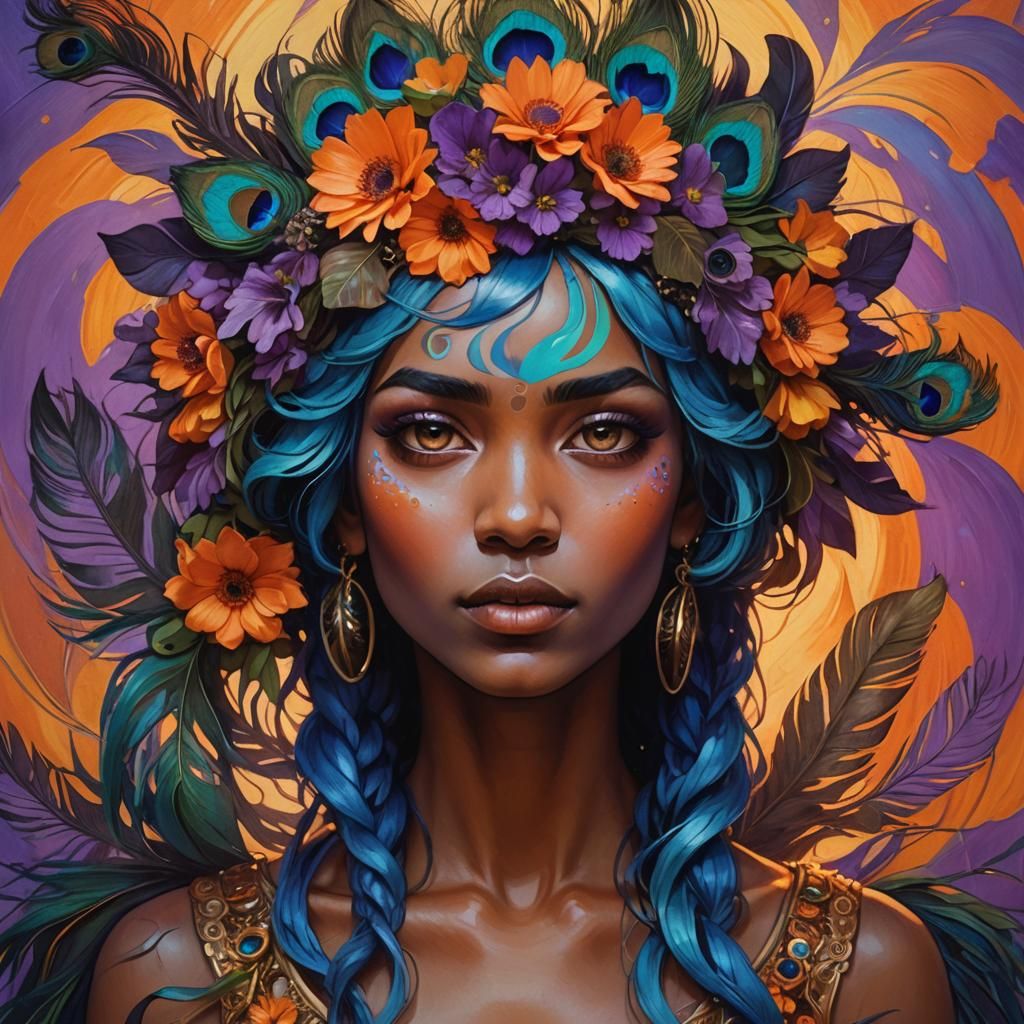 Surreal Woman Portrait with Peacock Feathers, Art Deco