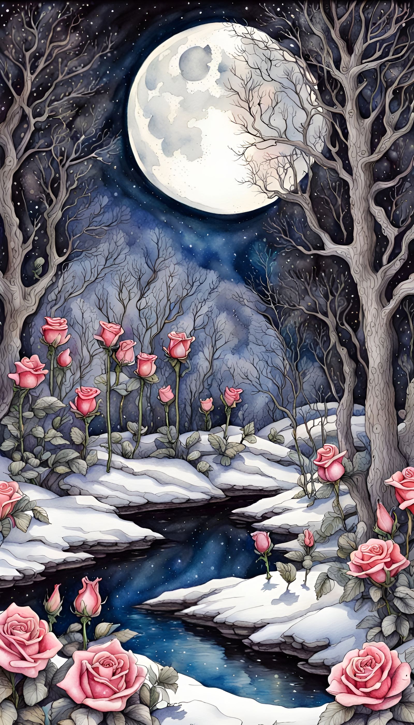 Moonlight reflected on bright shimmering snow, Dark faerie r...