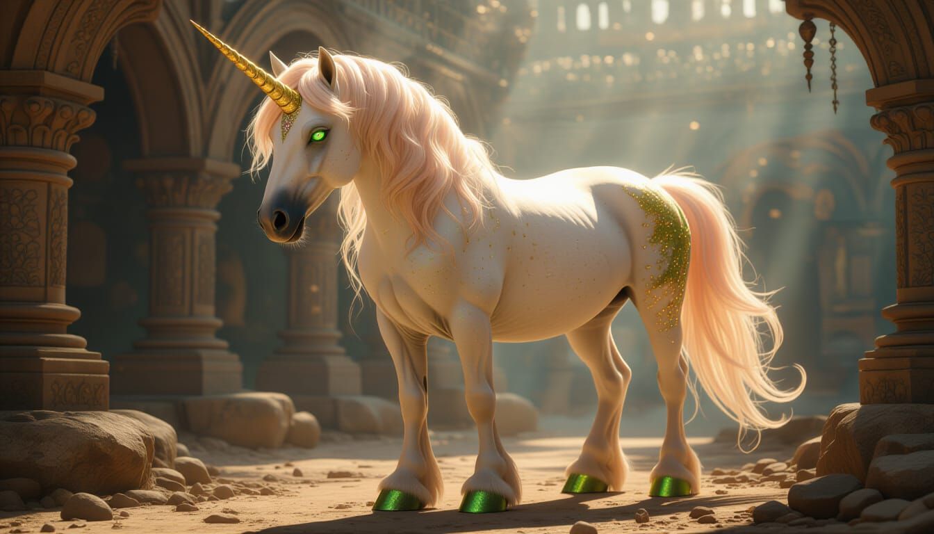 Majestic Peach Unicorn in Cinematic Digital Matte Painting