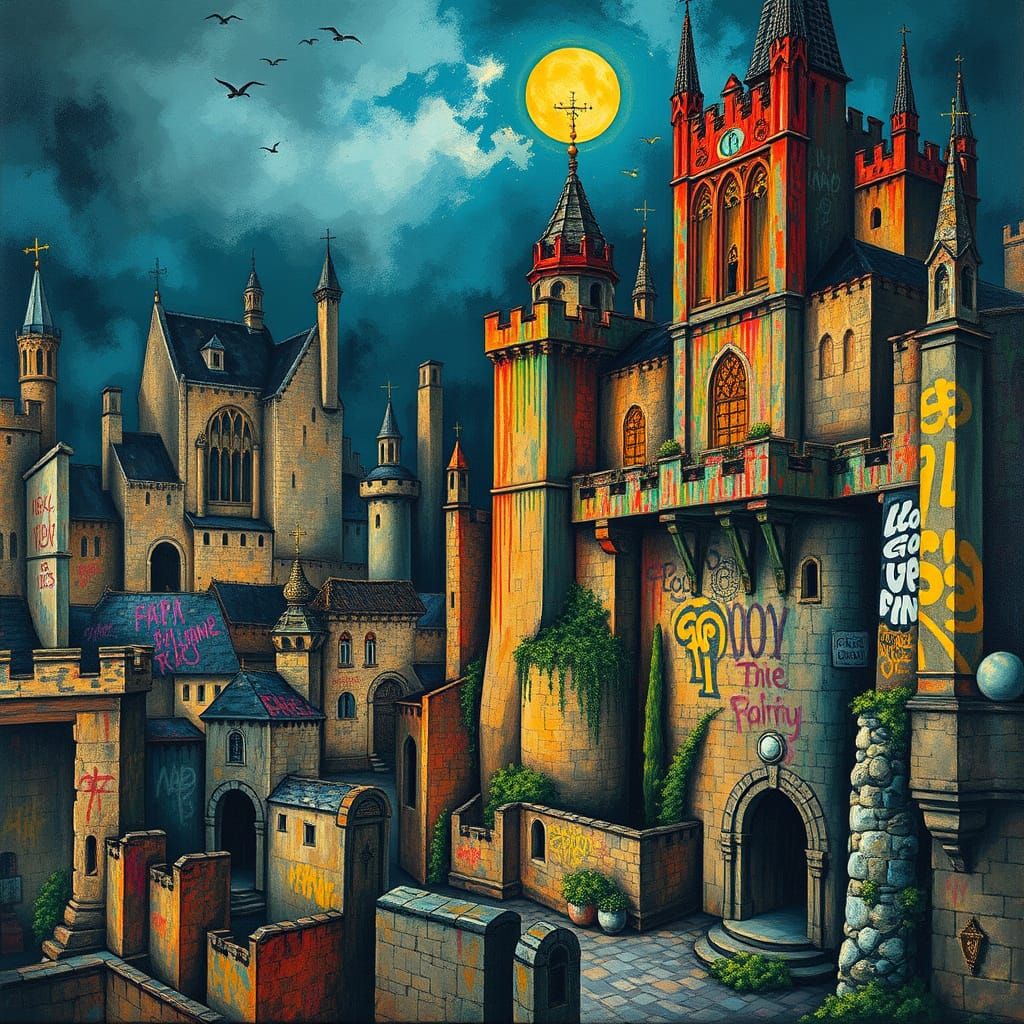 Surreal Medieval Cityscape with Graffiti Art