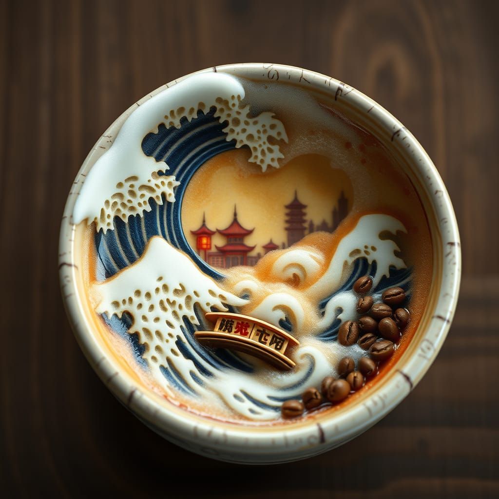 Raku-Yaki Cup Holds Hyper-Realistic Tsunami Foam Coffee Scen...