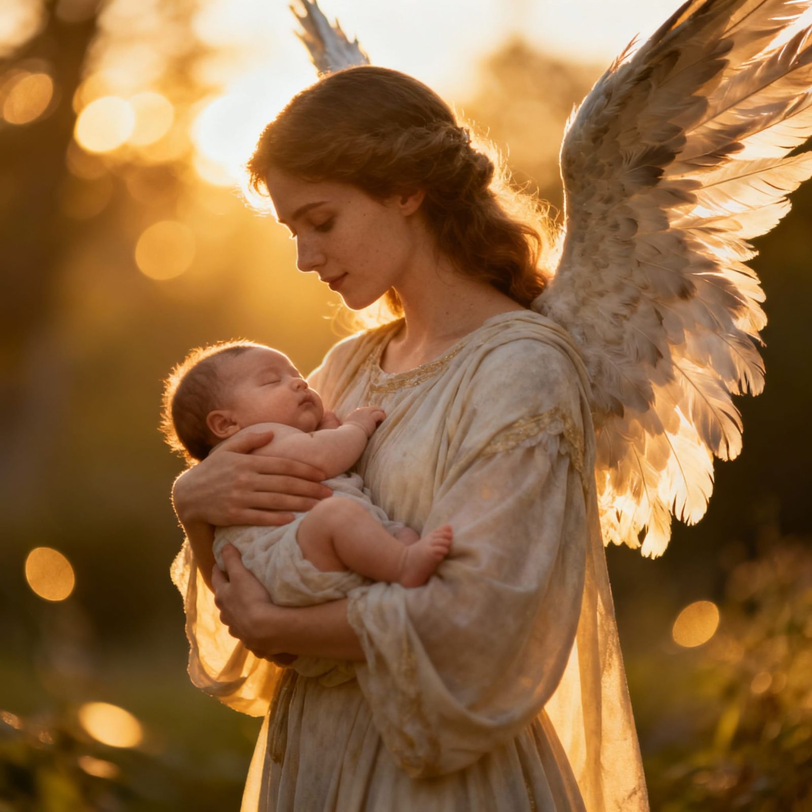 Serene Angel Carrying Baby in Golden Hour Light