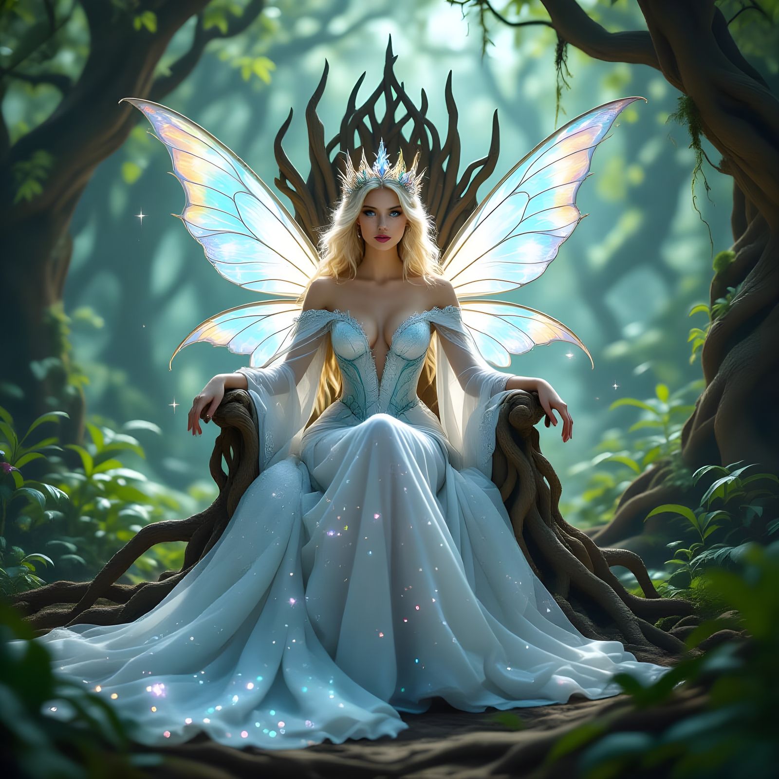 Majestic Fairy Queen on Root Throne: Digital Painting