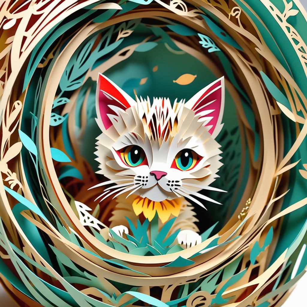 Papercut Kitten Hiding in Basket, 3D Kirigami