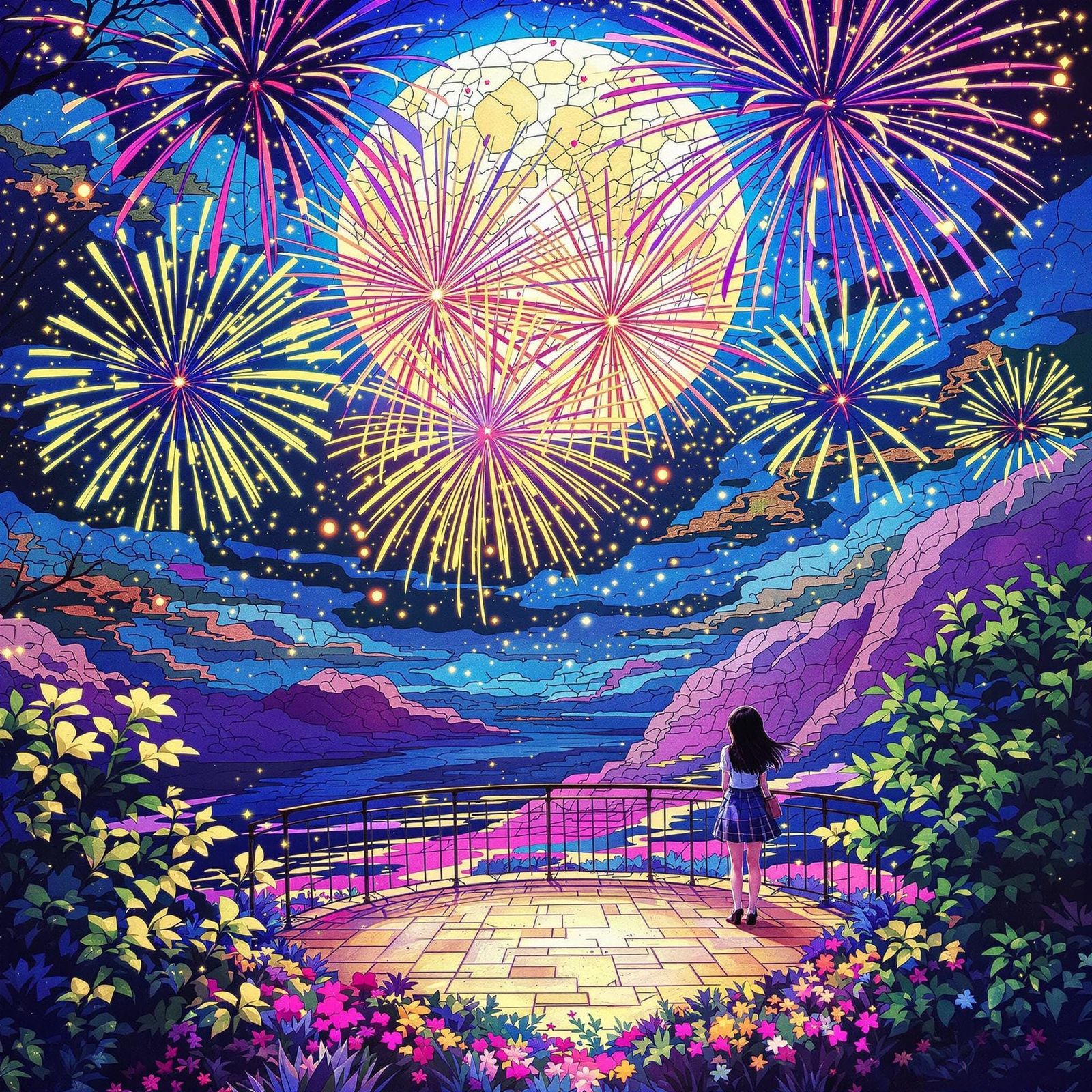 Anime Girl Watching Fireworks in Stained Glass Style