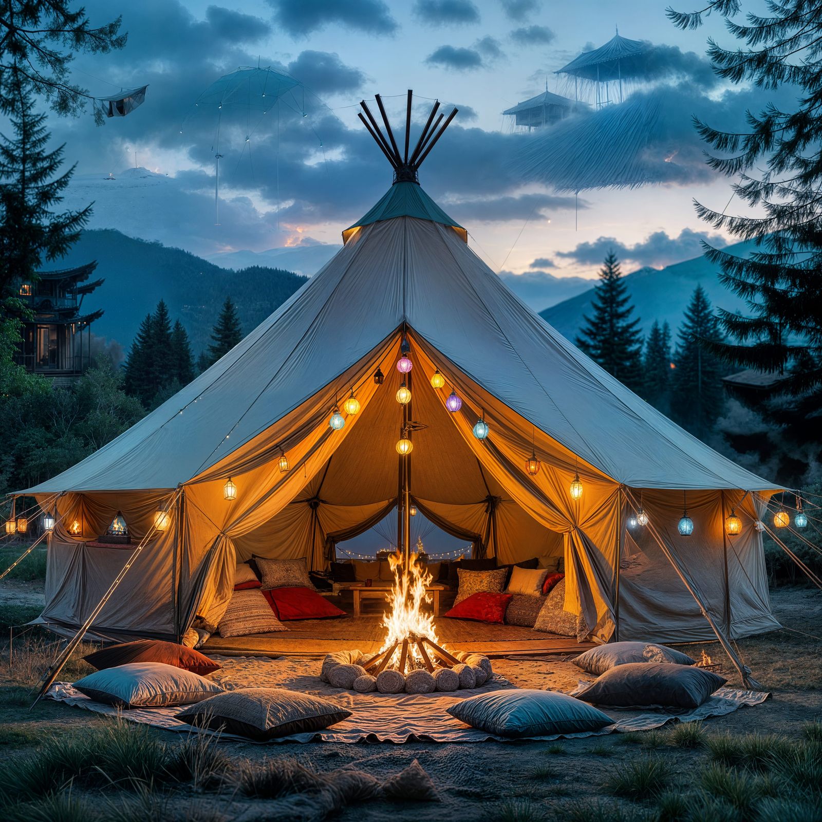 Regal Pavilion Tent with Campfire, HDR Hyperrealistic
