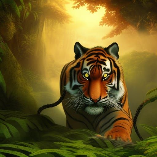 Detailed Tiger Emerging from Jungle, Fantasy Art