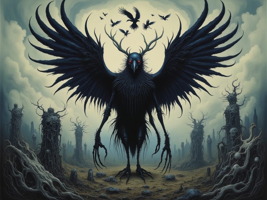 Humanoid Crow Amidst Ruined Statues and Stormy Skies