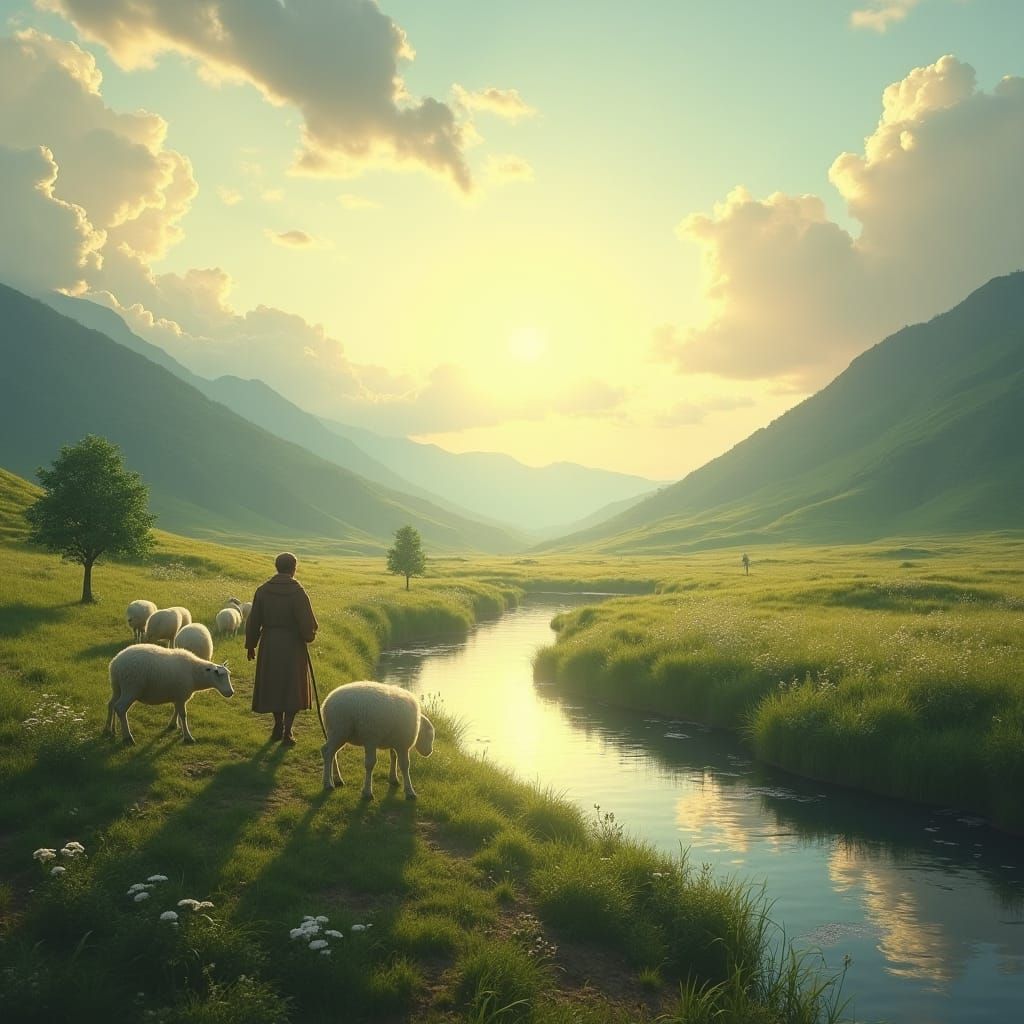 Psalm 23: Shepherd in a Serene Landscape
