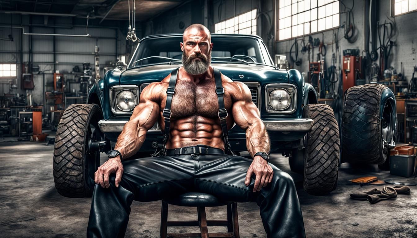 Hyperrealistic Car Mechanic Portrait with Leather Harness