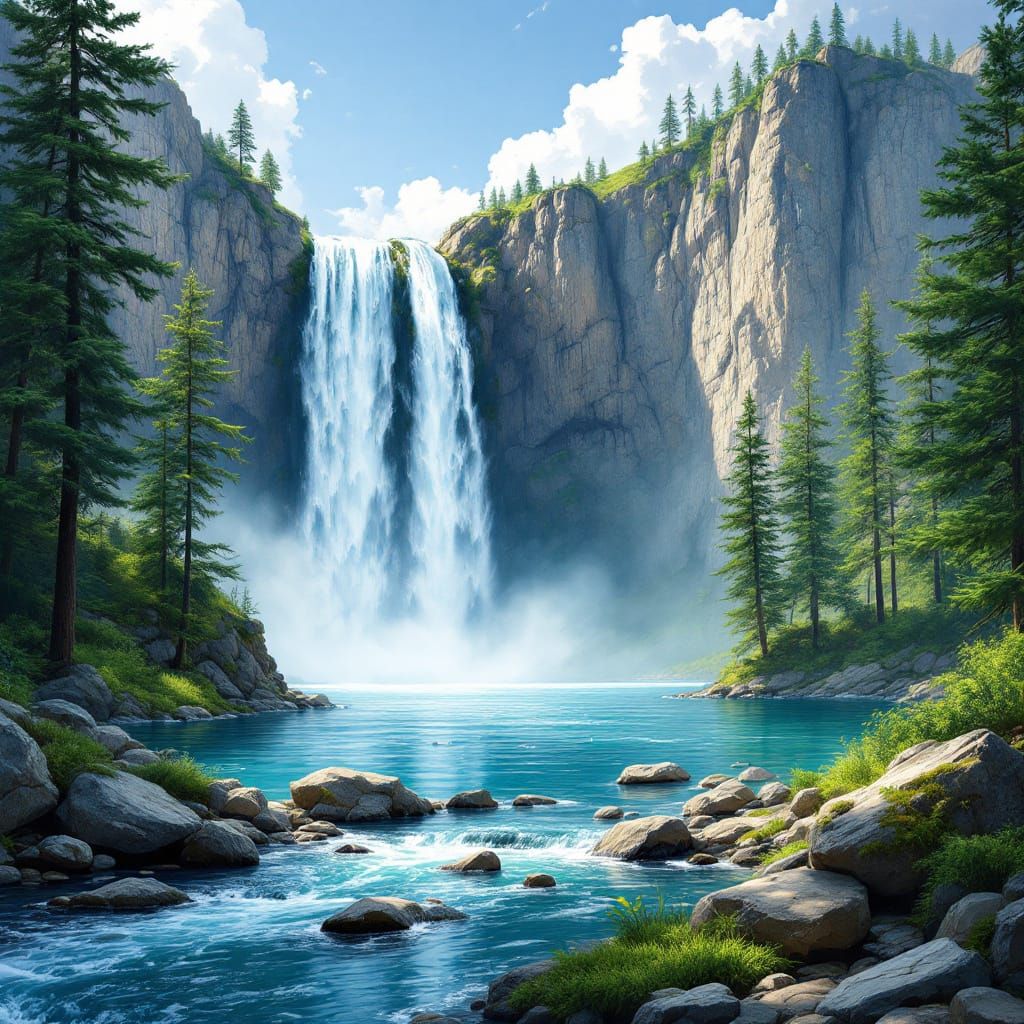 Majestic Waterfall Scene Inspired by Bierstadt