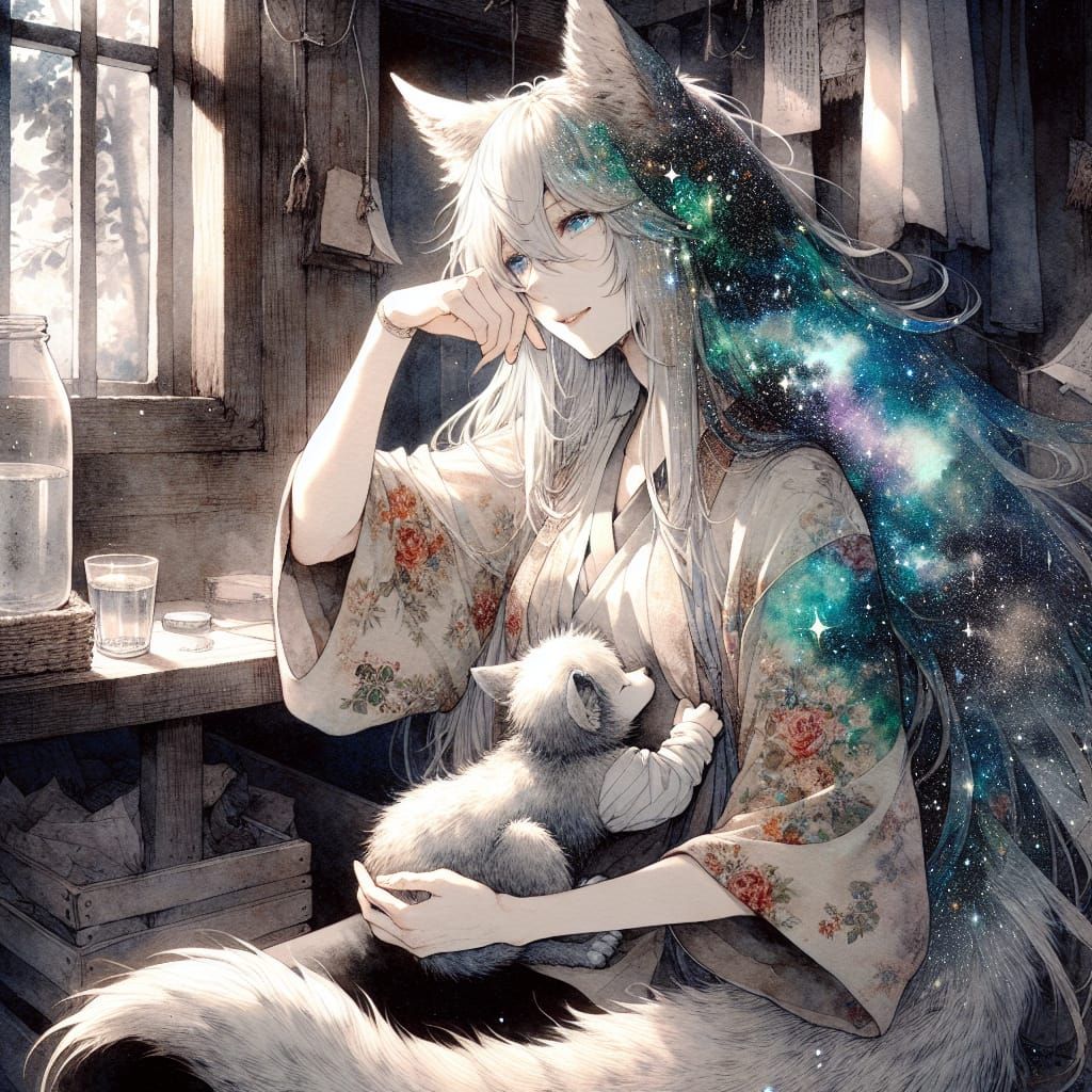 Wolf Mother Breastfeeding Pup in Anime Style