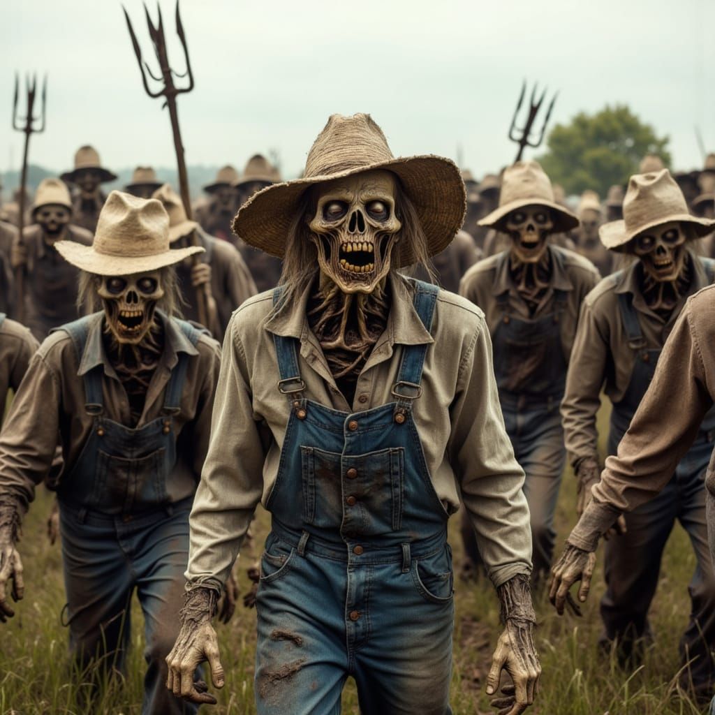 A hoard zombie farmers in a field wearing a straw hats  and overalls holding a pitchforks preparing to fight off intrude...