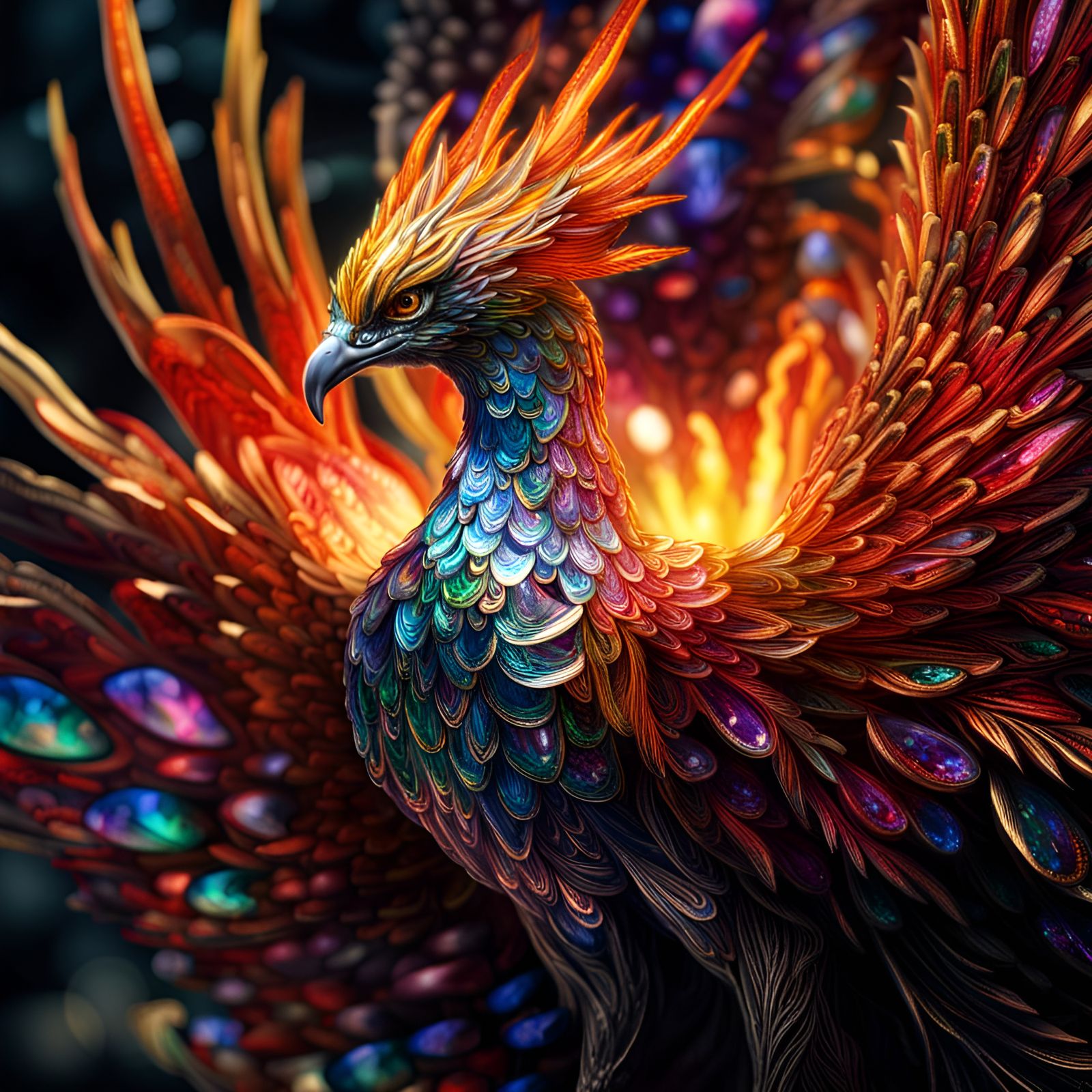 Crystalline Jeweled Phoenix Rising in Brilliant Colors
