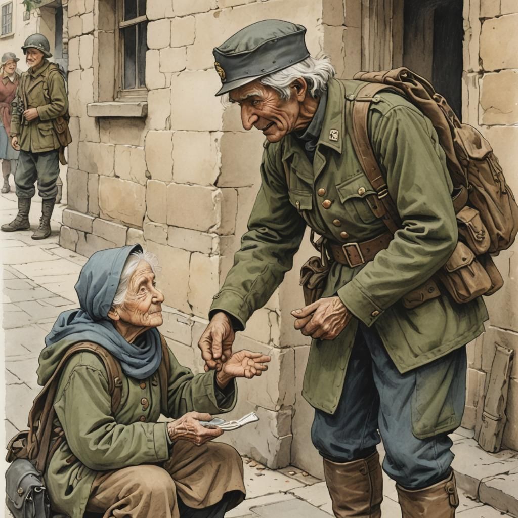 Friendly Soldier Talking to Beggar Woman Illustration