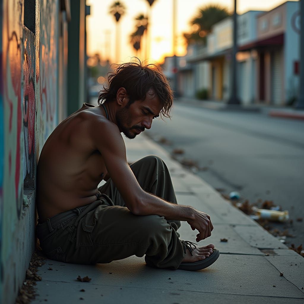 Surreal Portrait of a Homeless Individual in Los Angeles Cit...