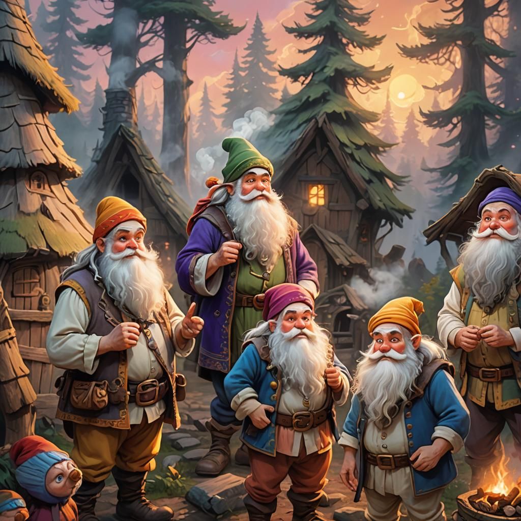 Enchanting Dwarfs Cottage Scene in Pastel Colors