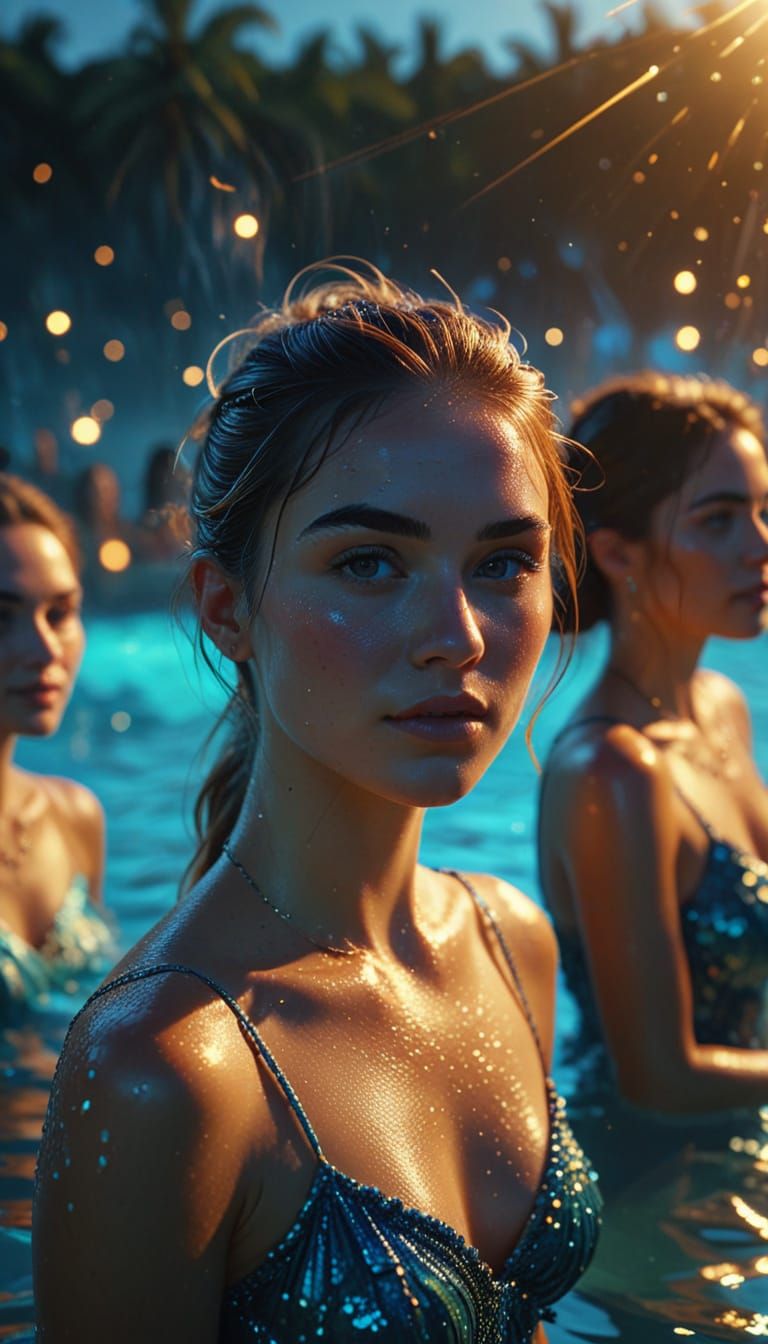 Girls' Party at Blue Lagoon in Digital Art Style