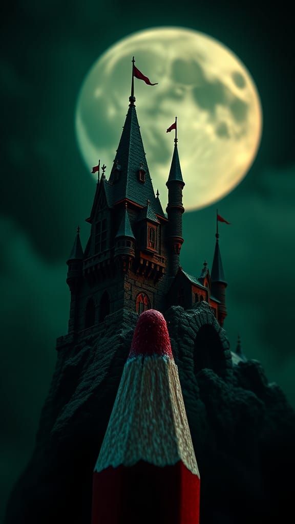 Dracula's Castle on Pencil Tip: Photorealistic Macro