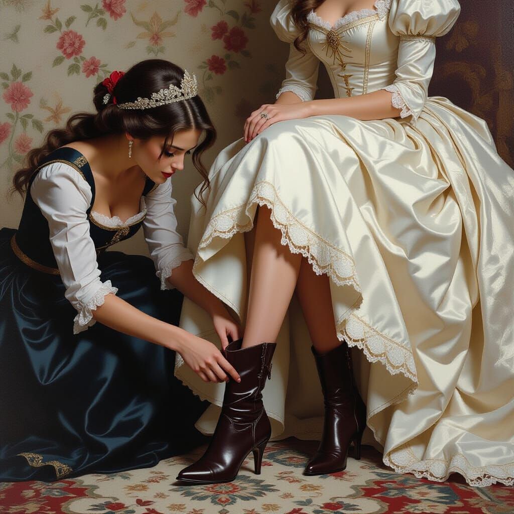 Handmaiden Assists Princess with Boots in Photorealistic Sce...