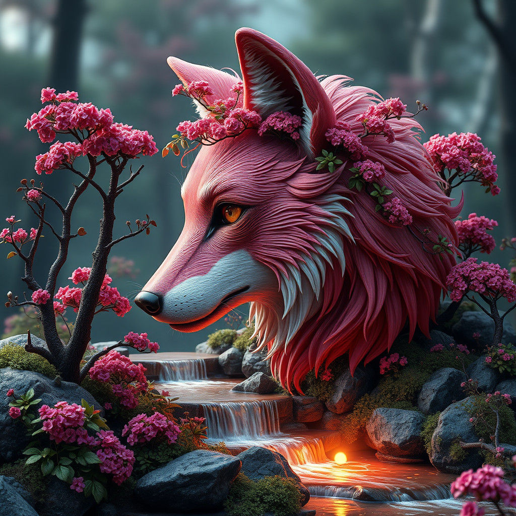 Pink Wolf Head Formed from Miniature Forest
