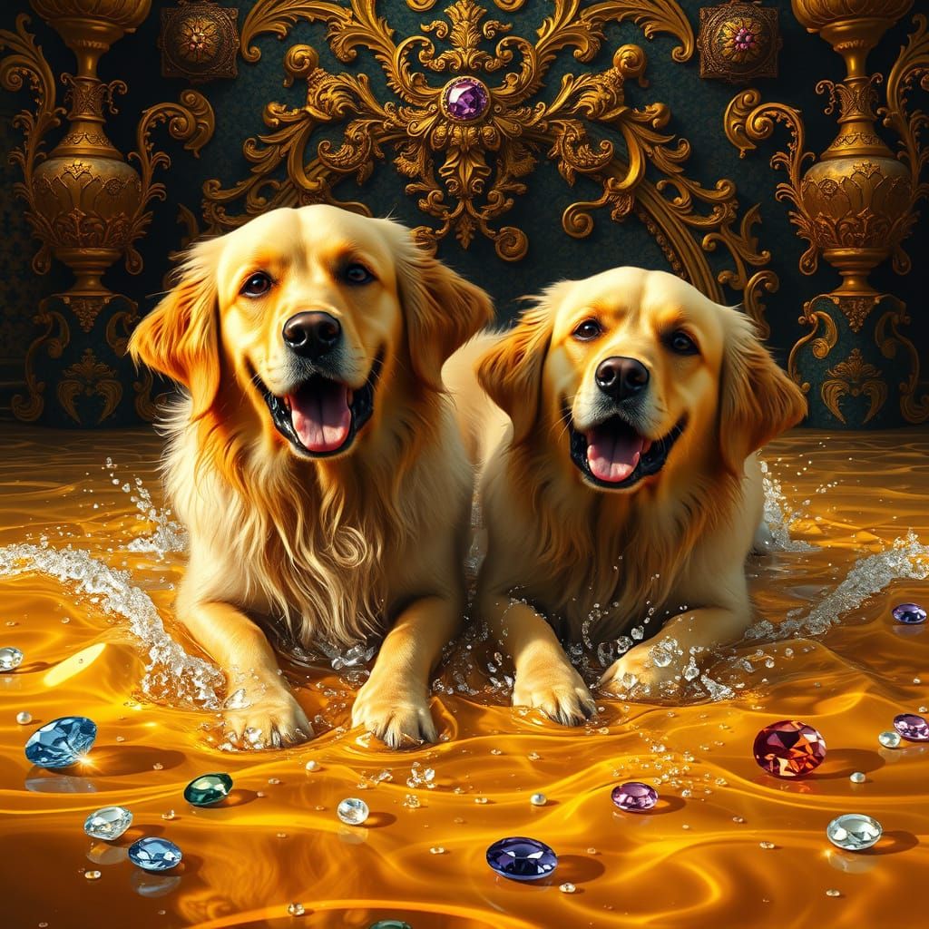 Golden Retrievers Amidst a Treasure Trove of Gold and Jewels