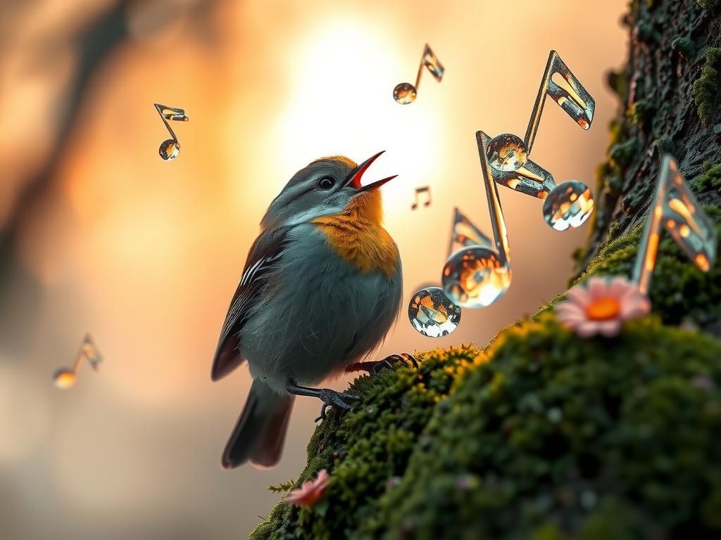 Sparrow's Song with Crystal Music Notes at Sunrise