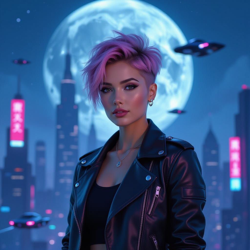 Cyberpunk Woman in Lunar Cityscape