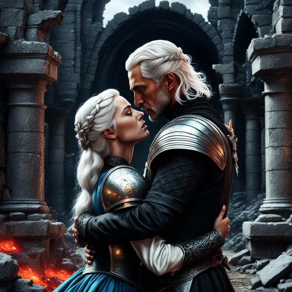 Renaissance Portrait: Lovers Embrace in Castle Ruins