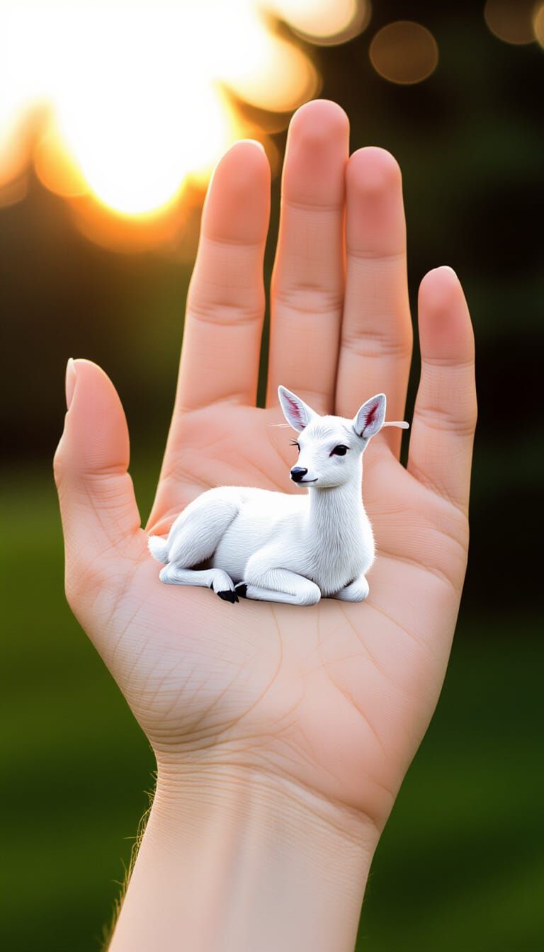Surreal 3D Scene: Tiny Deer Resting in Palm