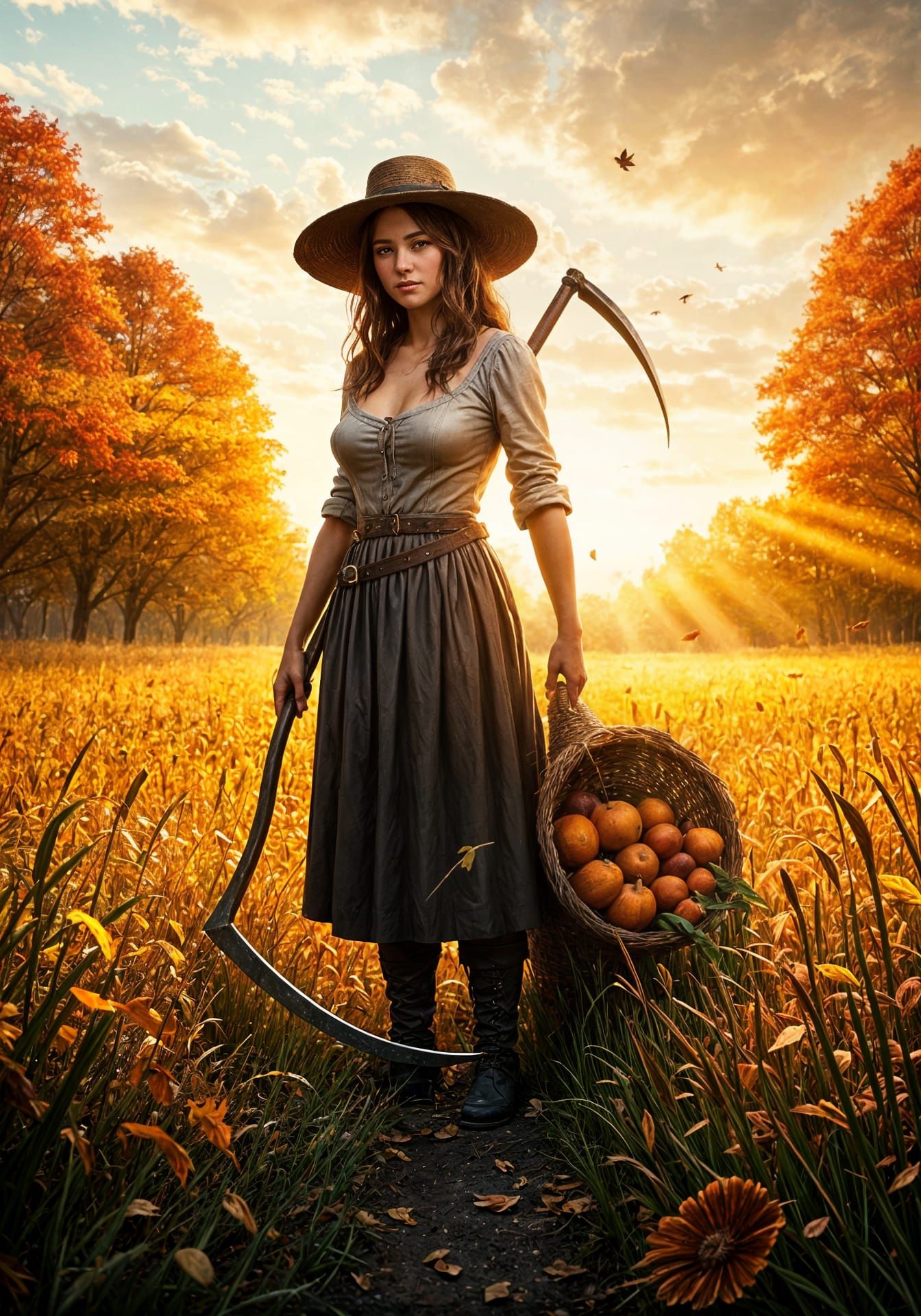 Autumn Harvest: Digital Illustration of Woman with Scythe