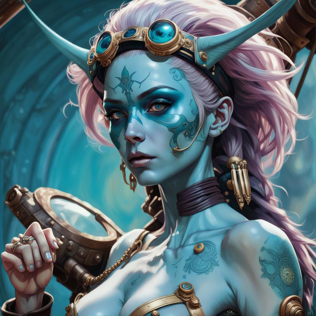 Blue-Skinned Alien Pirate Portrait in Art Nouveau Style