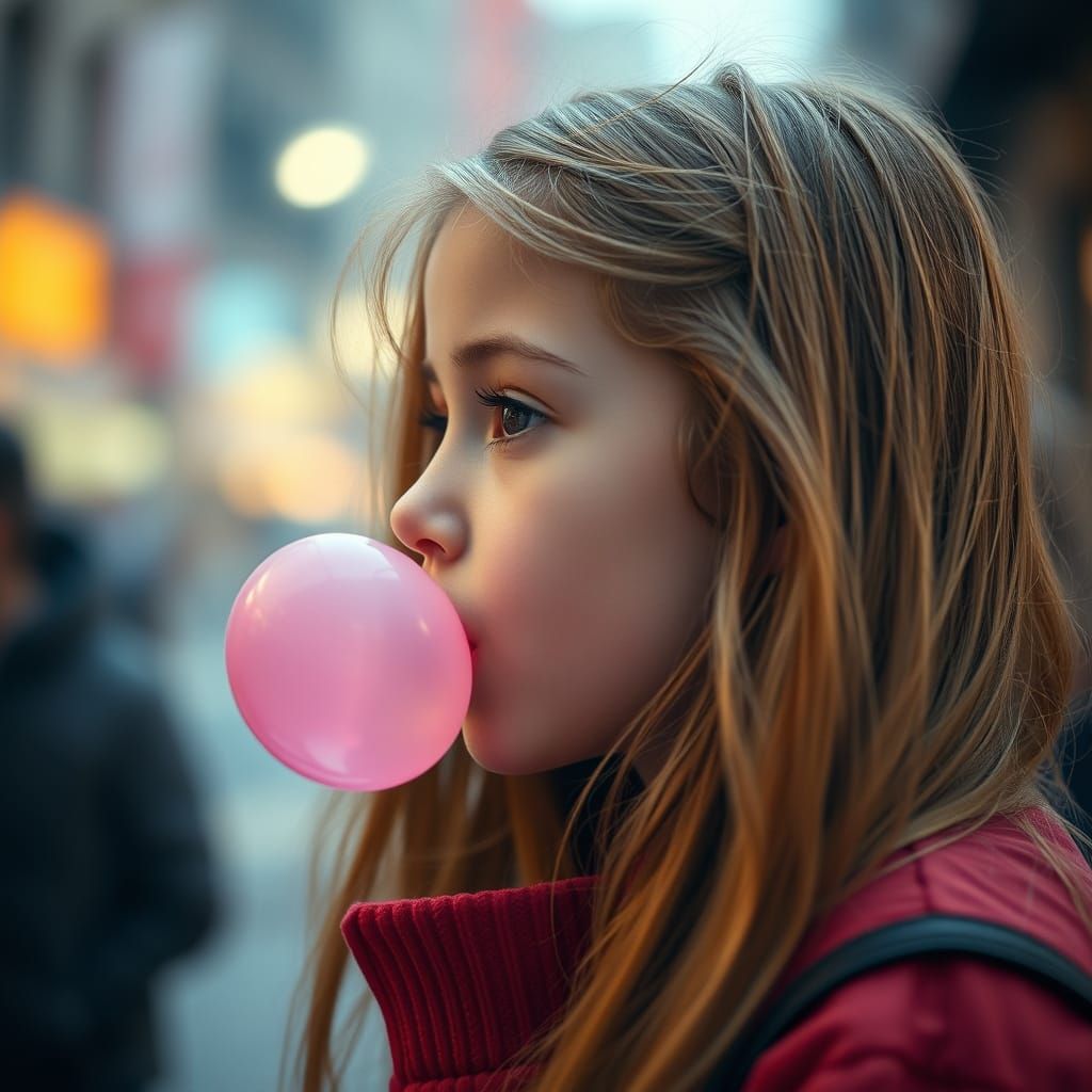 Girl Blowing a Pink Bubble Gum in Hyperrealistic Style
