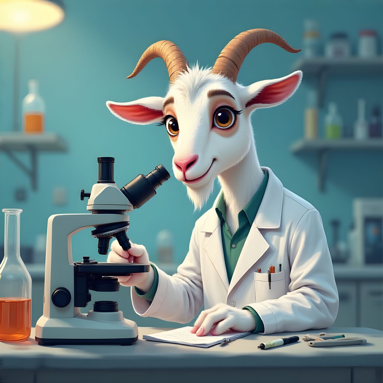 Curious Goat Scientist in Cartoon Style