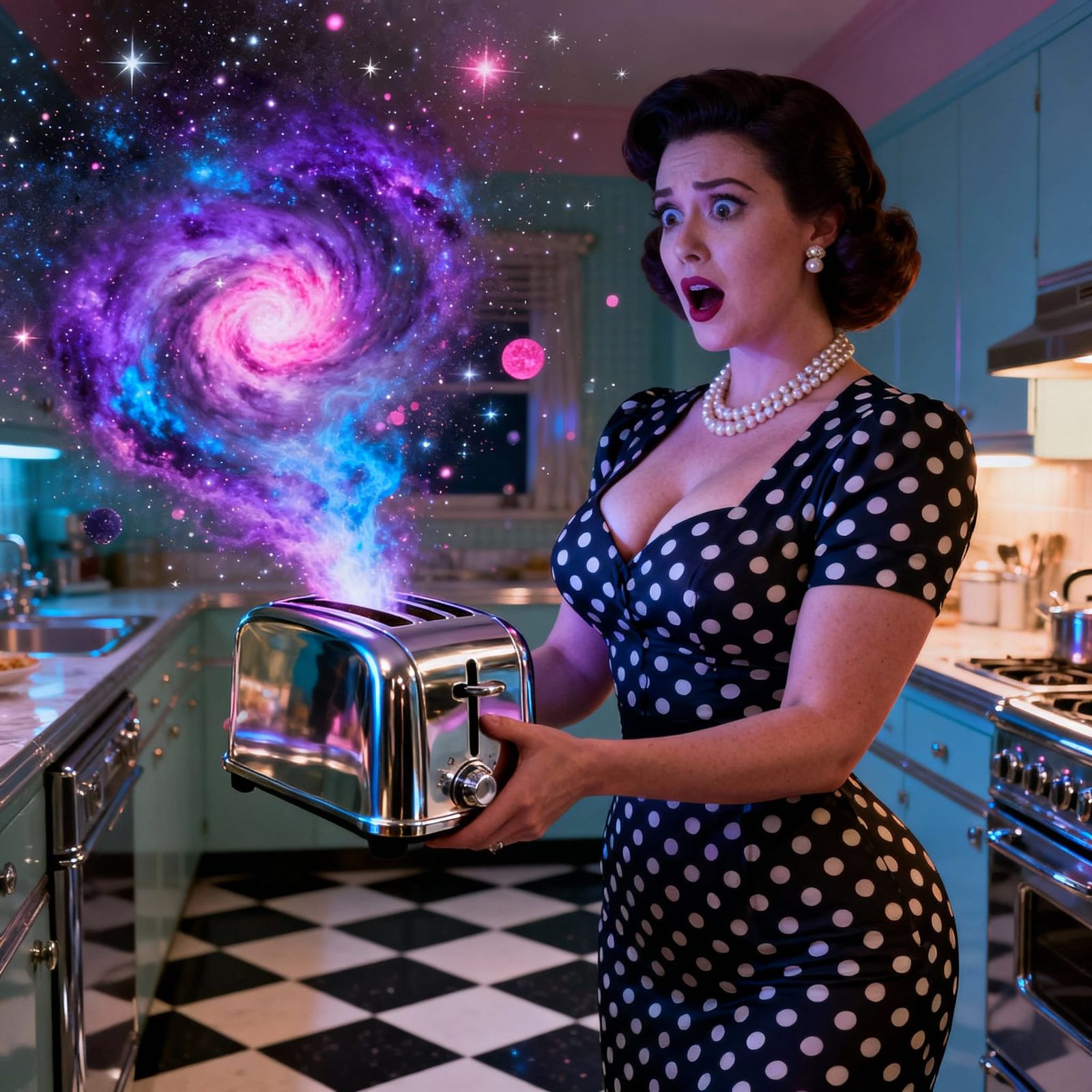 1950s Housewife and Cosmic Toaster in Surreal Kitchen