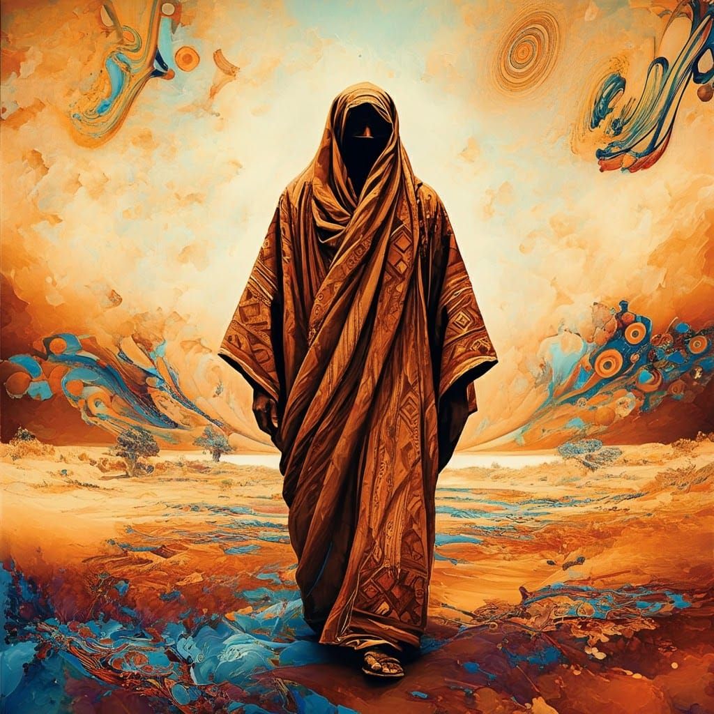 Nomadic Figure in Dreamlike Abstract Landscape