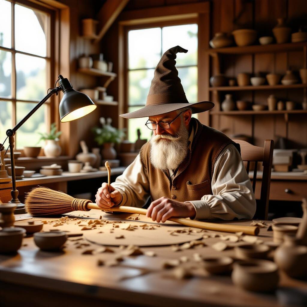 Fantasy Broom Maker in Detailed CGI Workshop
