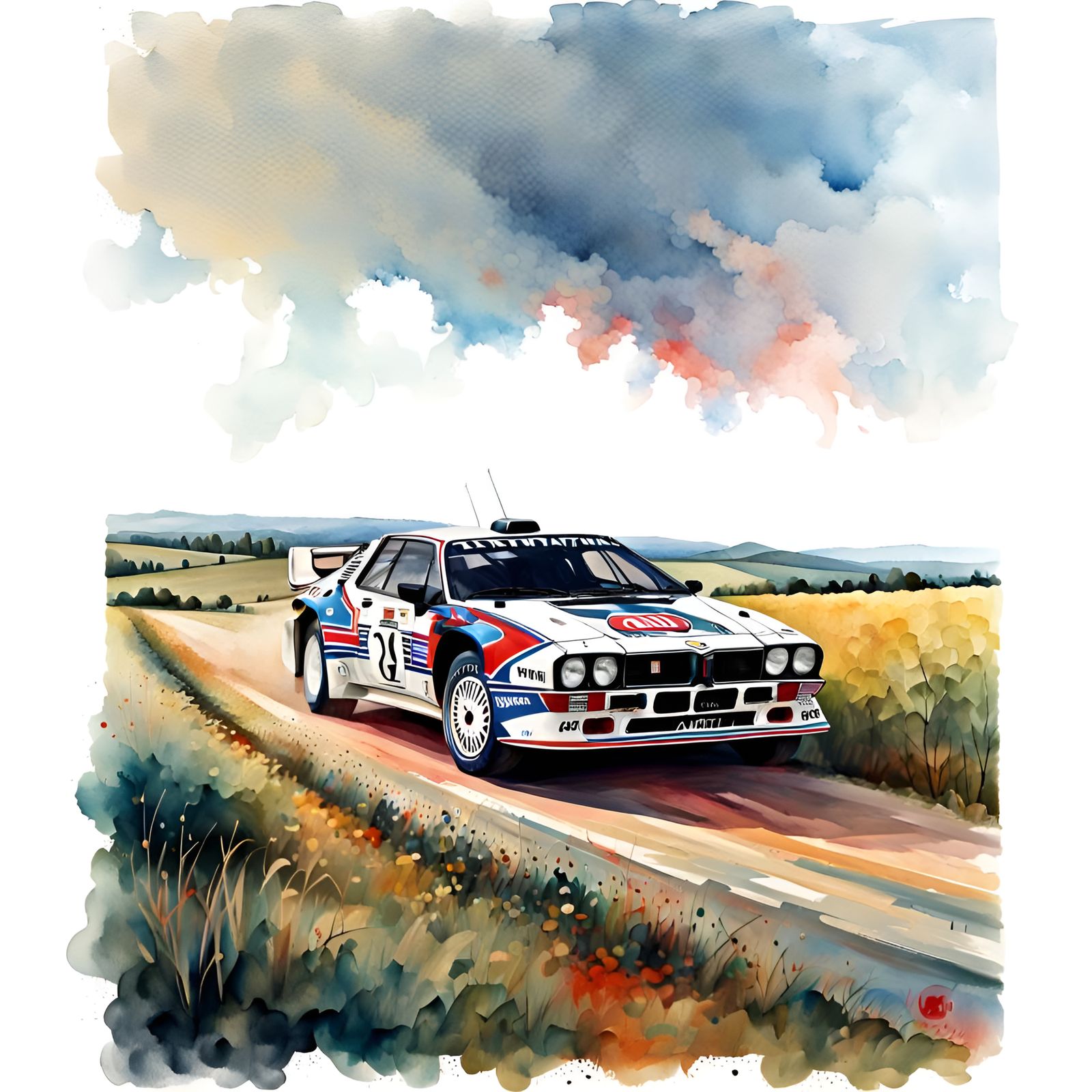 Lancia 037 in Italian Countryside: Gouache Watercolor