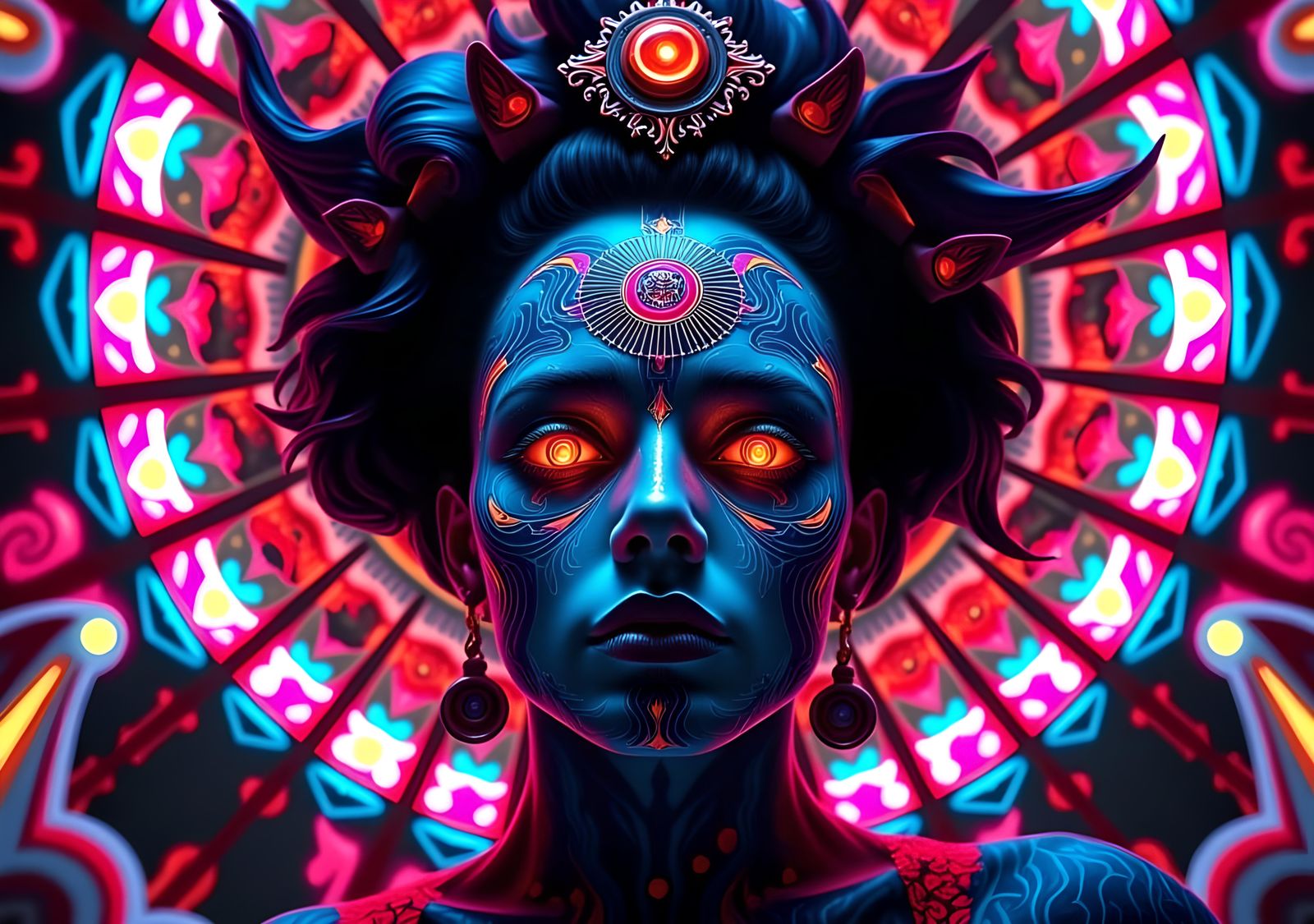 Tattooed Geisha Ultrawarrior Queen with Glowing Energy Lines