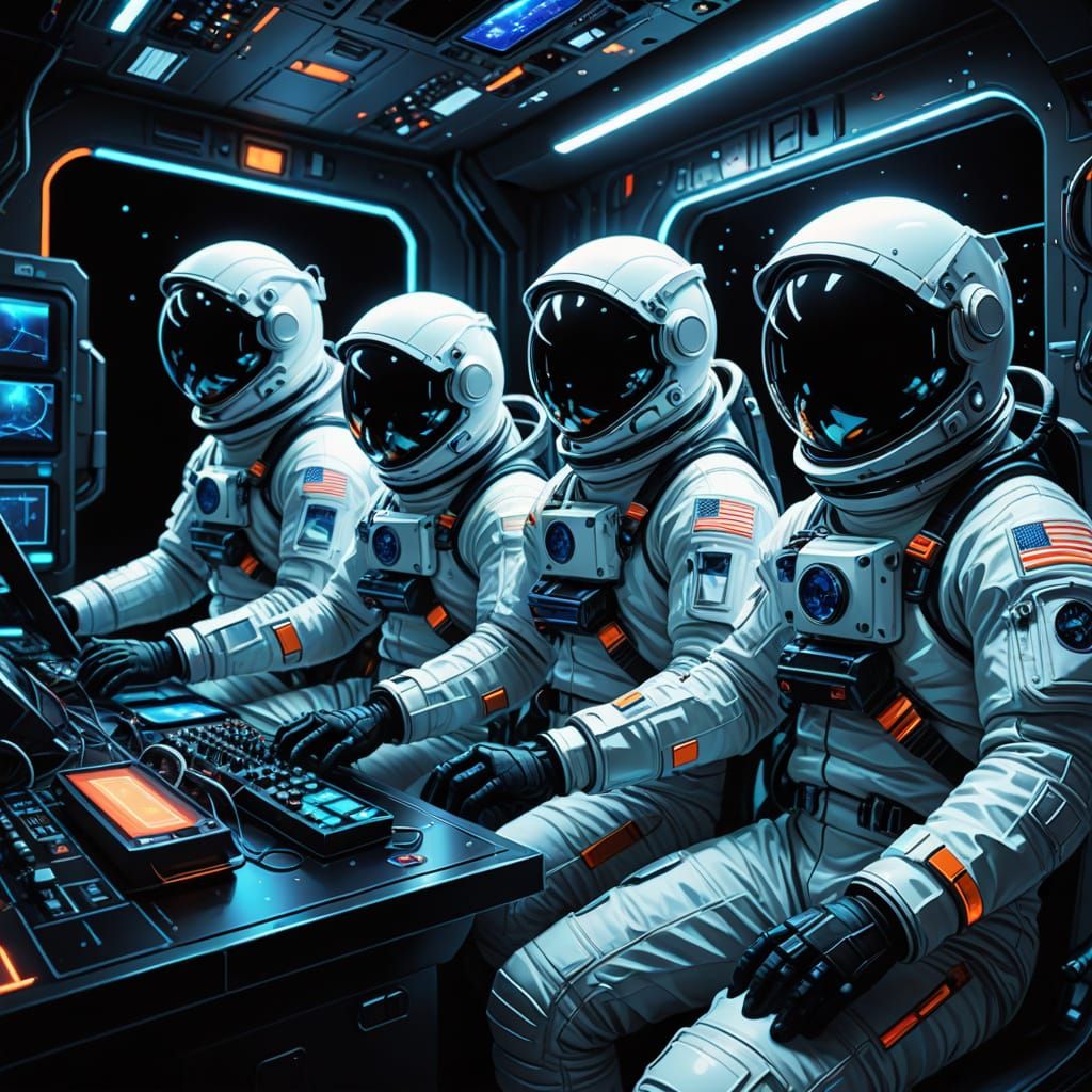 Astronauts Explore Spaceship Interior in Digital Art Style