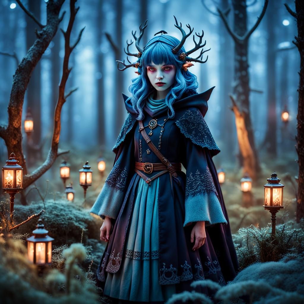 Female thaumaturge in a twilight forest, fairycore, forbidden, arcanus, magical atmosphere, dreamy atmosphere, beautiful...