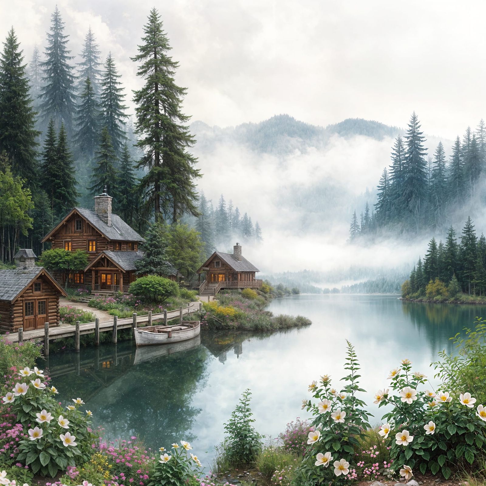 Lakeside Cabin Retreat in Ethereal Watercolor Style