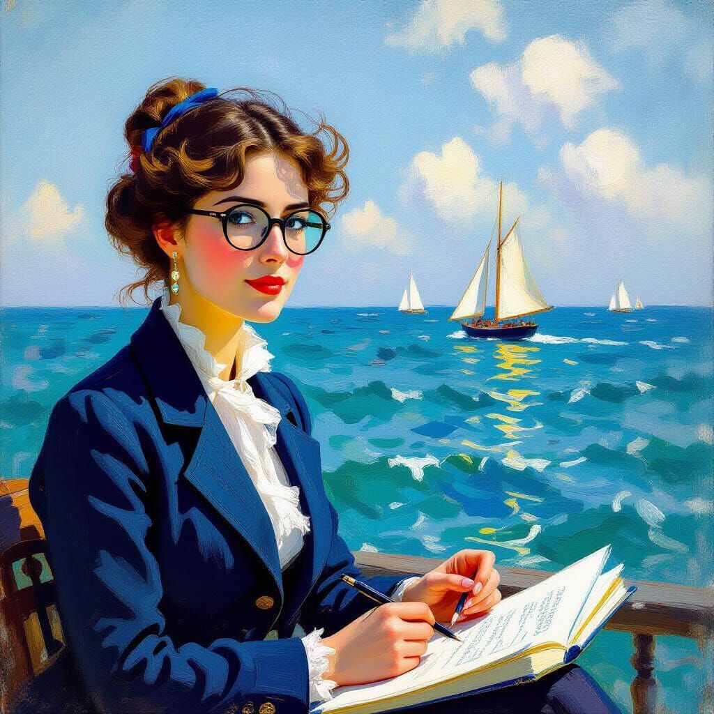 Teacher with Glasses and Blue Jacket by the Sea