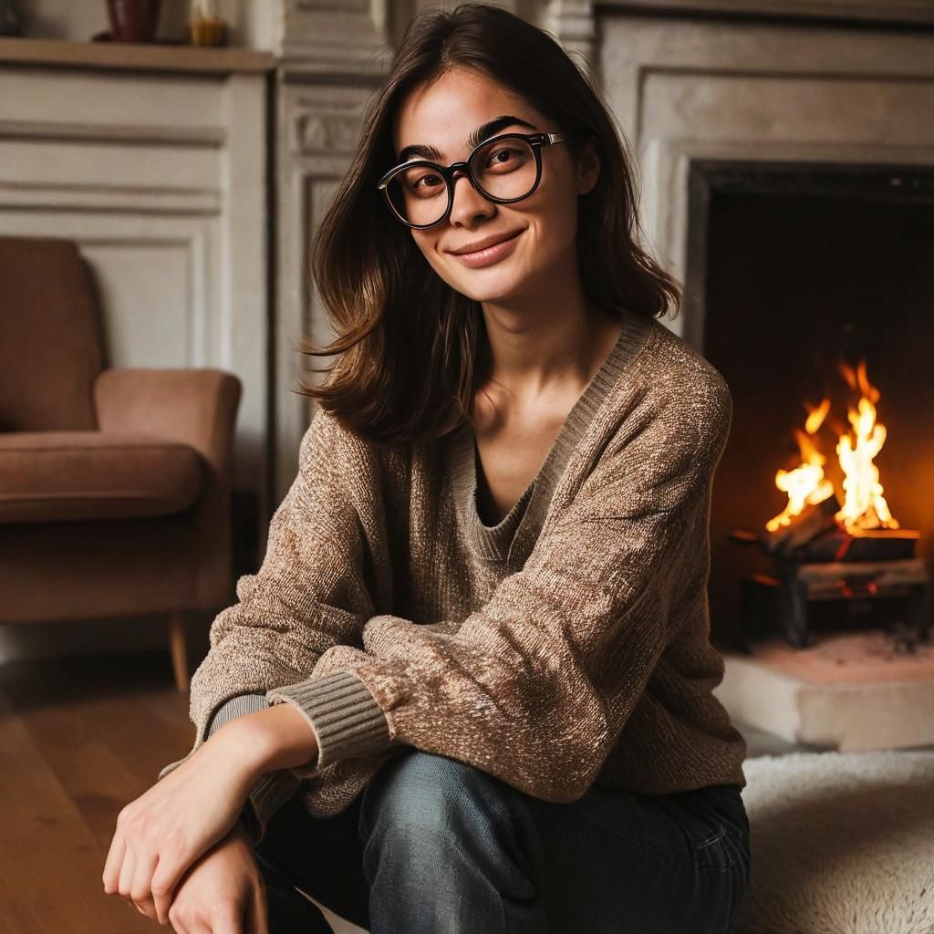 Cozy Apartment Scene: Woman Relaxing by Fireplace