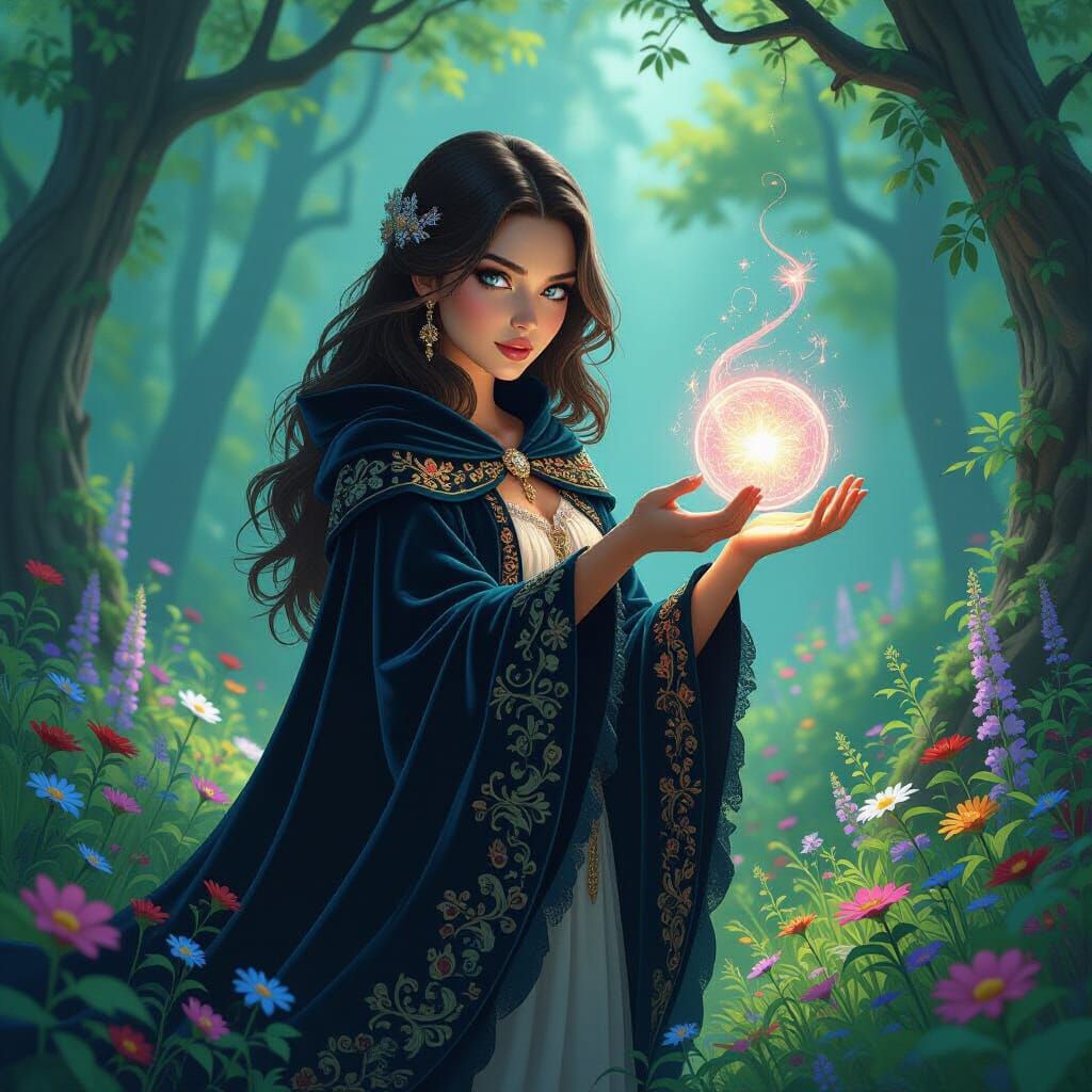 Enchanting Spellcaster in Mystical Forest, Digital Art