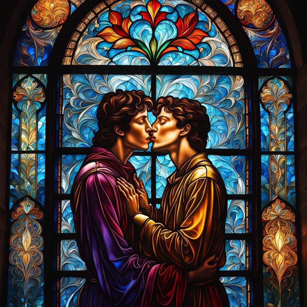 Stained Glass Window Depicting a Kiss
